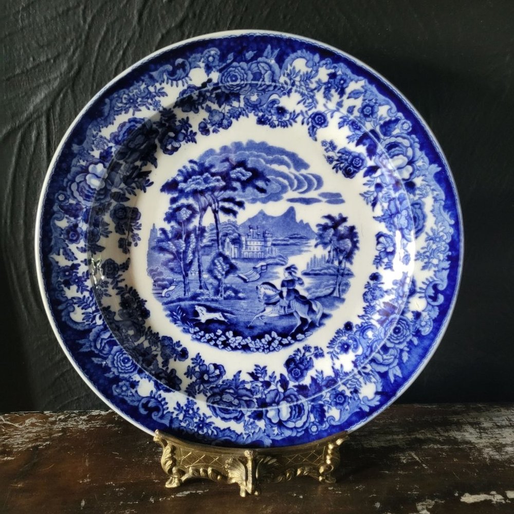Petrus Regout Maastricht Amazone Blue and White Plate Horse and Hound c 1880